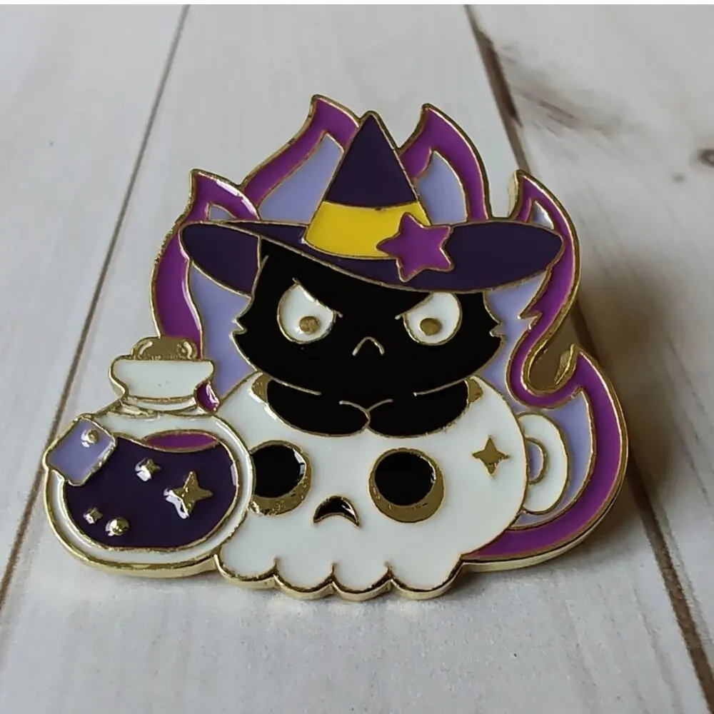 Black Cat Flames, Skull Potion Pin Gothic Witchy Halloween Occult Cat Lapel Pin